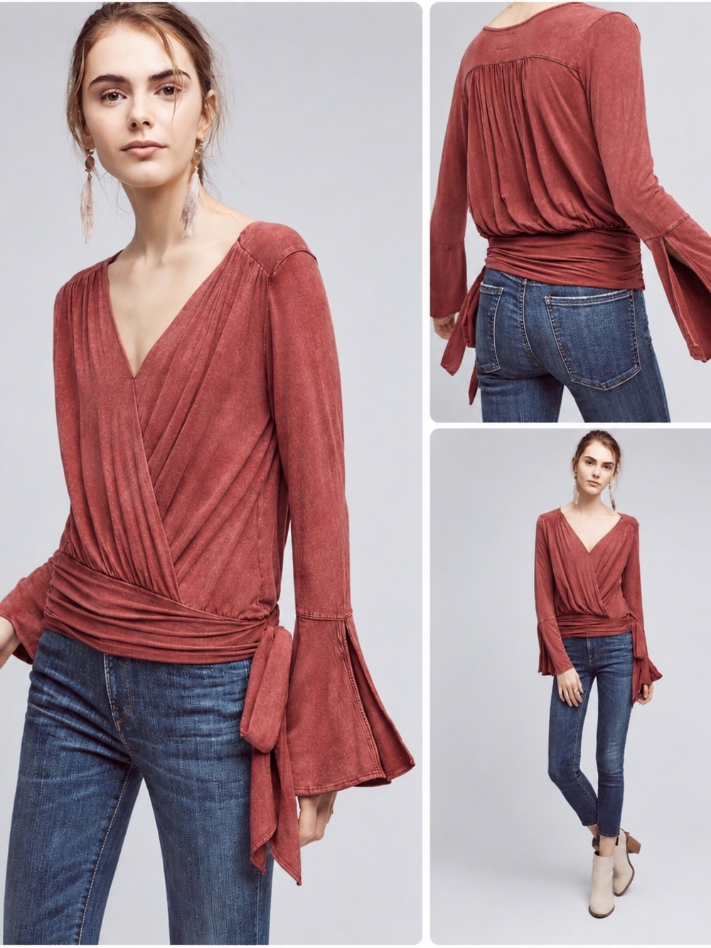 Anthropologie Deletta Sirpo Bell Sleeve Faux Wrap Top Wine Red Side Tie Medium